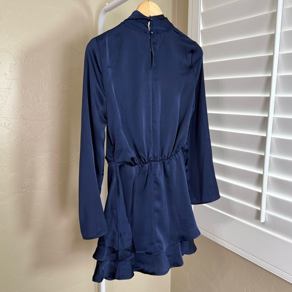 Commense Navy Satin Cross Neck Tiered Mini Dress  Cocktail Party Medium NWT - Picture 6 of 9